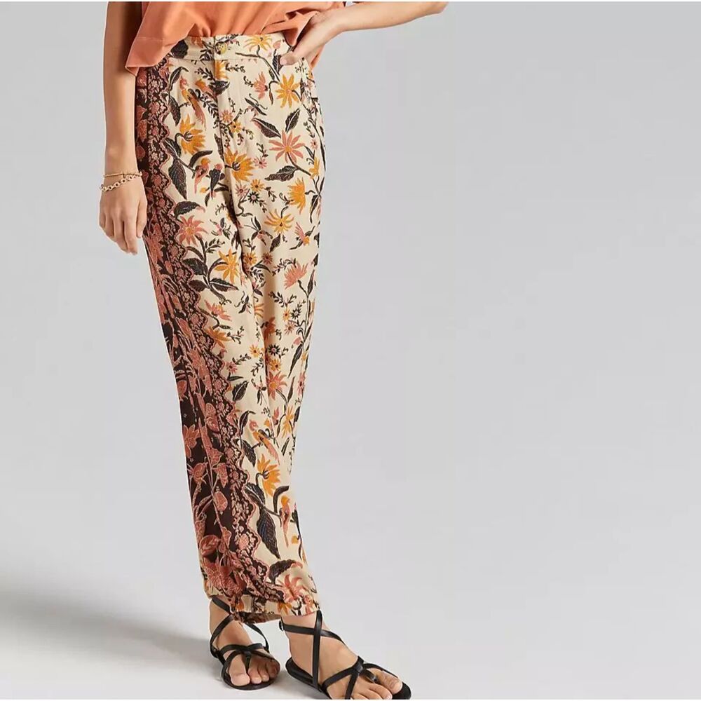 Anthropologie Smocked Balloon-Leg Pants Women's 4 Tan Floral Boho Jogger Harem